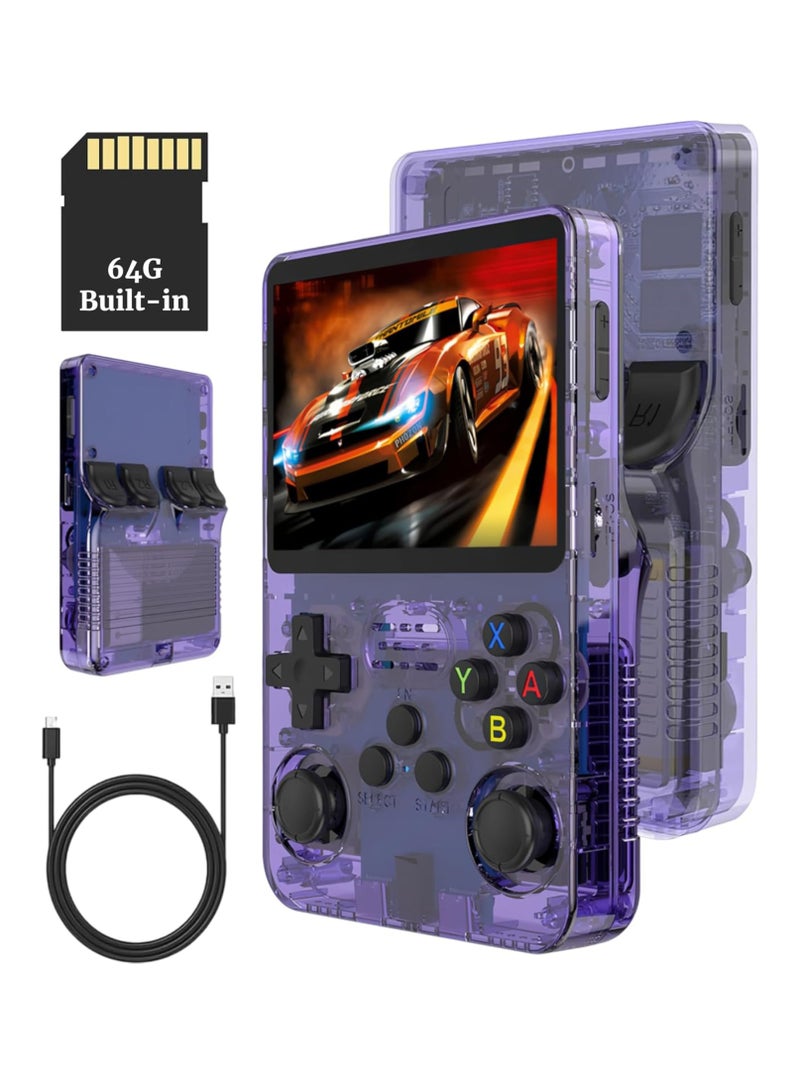 DIGI CORE R36S Game Console 3.5 Inch Portable Retro Game Console Built-in 15000+ Games With Open Source Linux System With 64GB Memory Card Video Games Console 3500mAh Battery IPS Screen Toys And Games For Kids And Adults Transparent Purple - Image 1