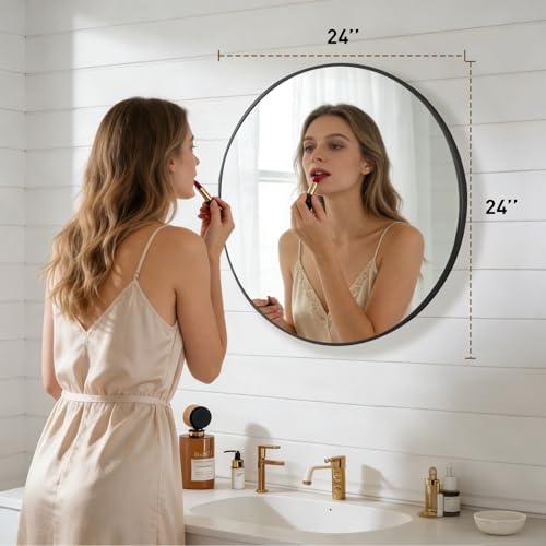 NEWBULIG Round Bathroom Mirror 24", Wall Mirror with Aluminum Alloy Thin Frame, Bathroom Mirrors for Over Sink, Bedroom, Living Room, Entryway, Black - Image 2