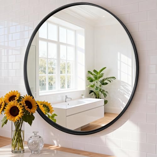 NEWBULIG Round Bathroom Mirror 24", Wall Mirror with Aluminum Alloy Thin Frame, Bathroom Mirrors for Over Sink, Bedroom, Living Room, Entryway, Black - Image 1