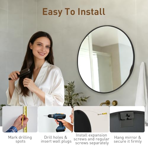 NEWBULIG Round Bathroom Mirror 24", Wall Mirror with Aluminum Alloy Thin Frame, Bathroom Mirrors for Over Sink, Bedroom, Living Room, Entryway, Black - Image 5