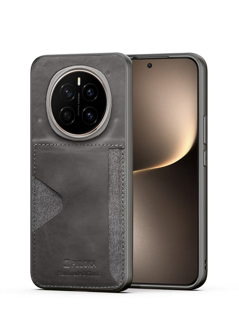 PULOKA Honor Magic7 5G 2024 Card Holder Skin-feel Leather Back Silicone Sides Case Cover - Grey - Image 1