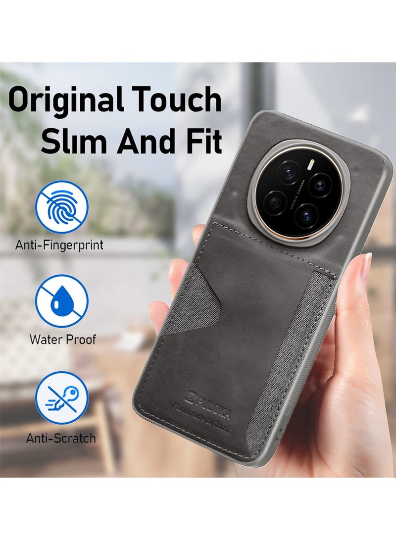 PULOKA Honor Magic7 5G 2024 Card Holder Skin-feel Leather Back Silicone Sides Case Cover - Grey - Image 2