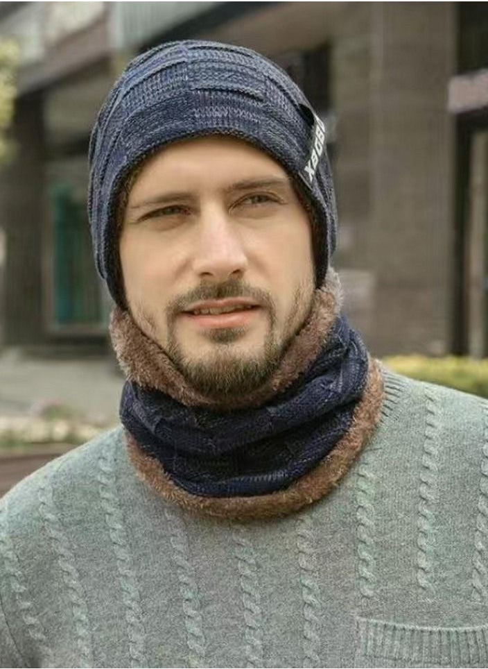 NIBEMINENT 2pcs Mens Winter Beanie Hats Scarf Set Warm Knit Skull Cap Neck Warmer with Thick Fleece Lined Outdoor Sports Hat Sets Navy  - Image 2