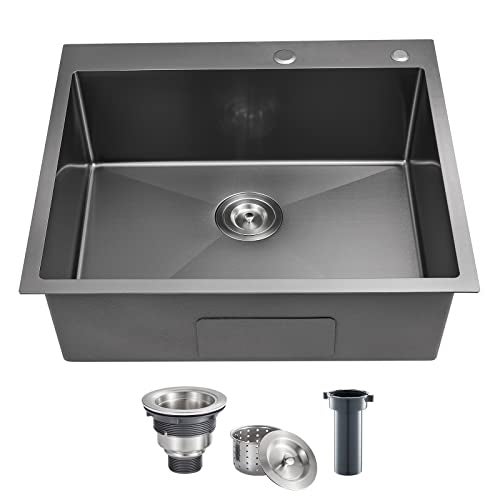 POPFLY 25 Inch Drop In Kitchen Sink, 25x18 Black Stainless Steel Top mount Workstation Sink, 9 Inch Deep 18 Gauge Stainless Steel Single Bowl 2 Holes Utility Sinks - Image 1