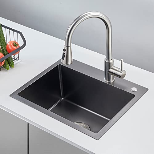POPFLY 25 Inch Drop In Kitchen Sink, 25x18 Black Stainless Steel Top mount Workstation Sink, 9 Inch Deep 18 Gauge Stainless Steel Single Bowl 2 Holes Utility Sinks - Image 2