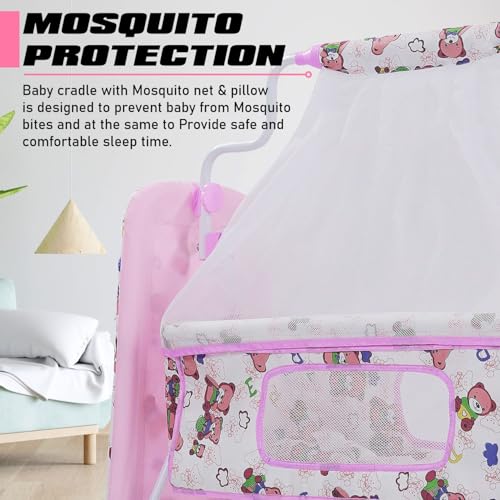 KIDBITKART Premium Jumbo Baby Cradle New Born Baby Sleep Swing Cradle/Mattress & Wheels and Cradle for 0-13 Months Baby Boys and Girls (Blue Panda) (Pink) - Image 3
