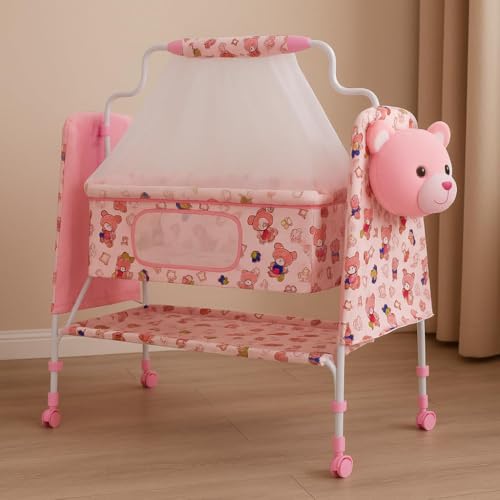 KIDBITKART Premium Jumbo Baby Cradle New Born Baby Sleep Swing Cradle/Mattress & Wheels and Cradle for 0-13 Months Baby Boys and Girls (Blue Panda) (Pink) - Image 1