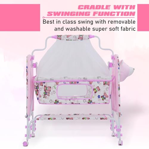 KIDBITKART Premium Jumbo Baby Cradle New Born Baby Sleep Swing Cradle/Mattress & Wheels and Cradle for 0-13 Months Baby Boys and Girls (Blue Panda) (Pink) - Image 4