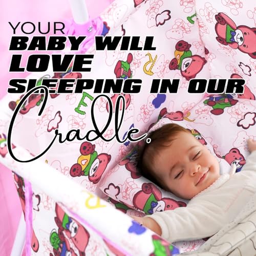 KIDBITKART Premium Jumbo Baby Cradle New Born Baby Sleep Swing Cradle/Mattress & Wheels and Cradle for 0-13 Months Baby Boys and Girls (Blue Panda) (Pink) - Image 2