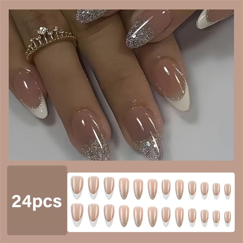 أظافر فرنسية بيضاء ذات أطراف لامعة متوسطة الطول كاملة التغطية أظافر صناعية قابلة للضغط - Image 3