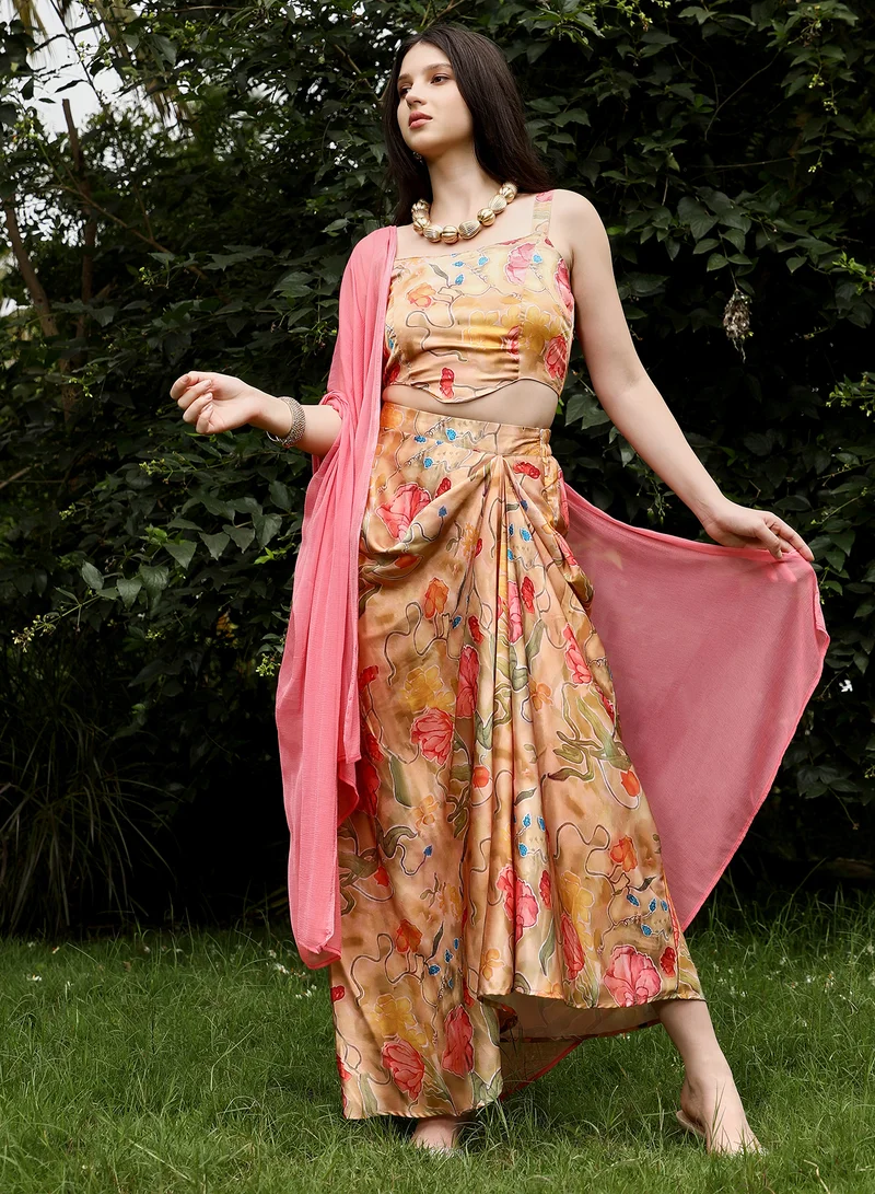  قصة طقم نسائي بيج نباتي مطبوع صدرية ملابس عرقية برقبة مربعة بدون أكمام بطبعة زهور قماش سادة  قطع للمساء والحفلات