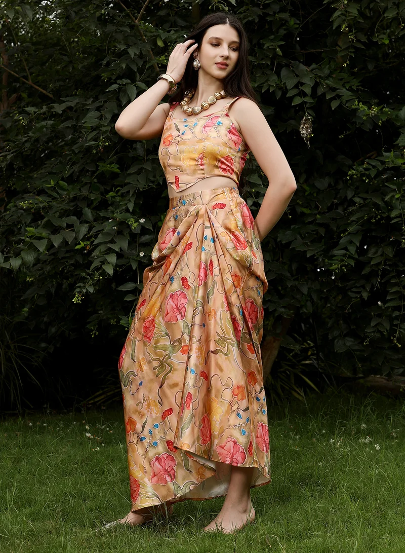  قصة طقم نسائي بيج نباتي مطبوع صدرية ملابس عرقية برقبة مربعة بدون أكمام بطبعة زهور قماش سادة  قطع للمساء والحفلات