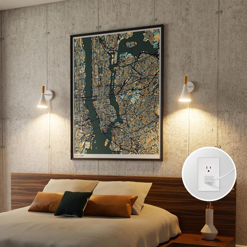 Globe Electric 65000147 1-Light Plug-in or Hardwire Wall Sconce, Matte White, Light Wood-Toned On/Off Rotary Switch on Pivoting Shade, 6ft White Braided Fabric Cord, Wall Lights for Living Room - Image 2