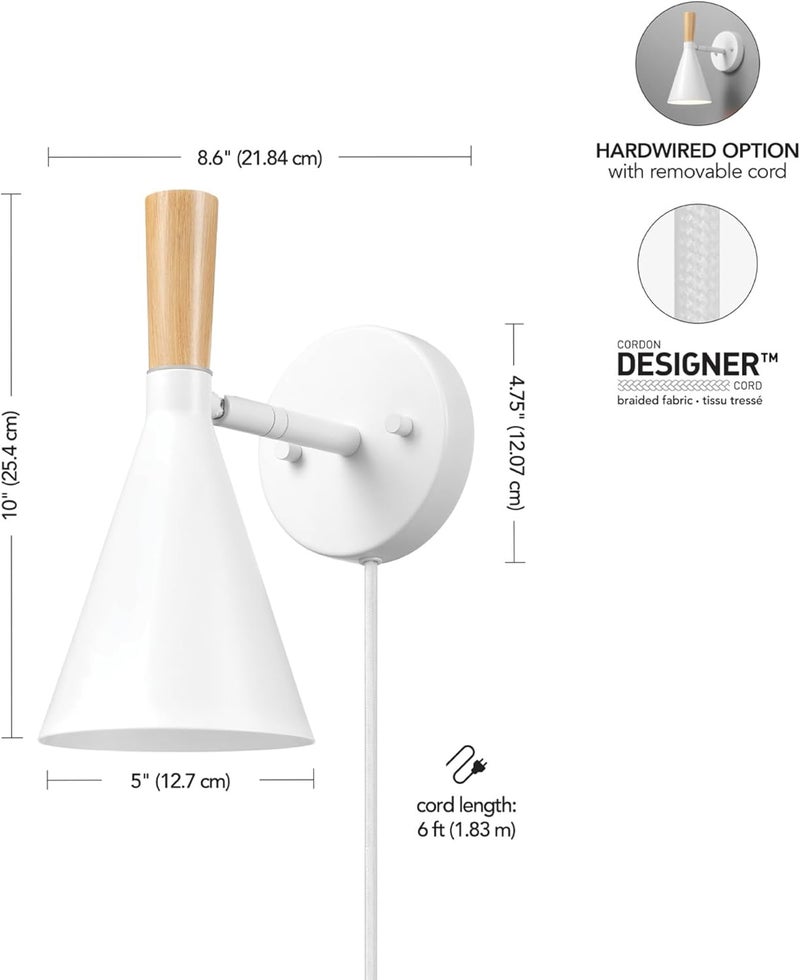 Globe Electric 65000147 1-Light Plug-in or Hardwire Wall Sconce, Matte White, Light Wood-Toned On/Off Rotary Switch on Pivoting Shade, 6ft White Braided Fabric Cord, Wall Lights for Living Room - Image 4