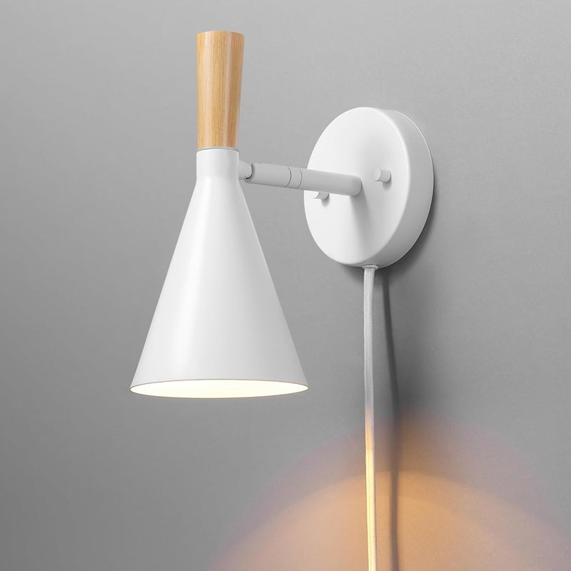 Globe Electric 65000147 1-Light Plug-in or Hardwire Wall Sconce, Matte White, Light Wood-Toned On/Off Rotary Switch on Pivoting Shade, 6ft White Braided Fabric Cord, Wall Lights for Living Room - Image 5