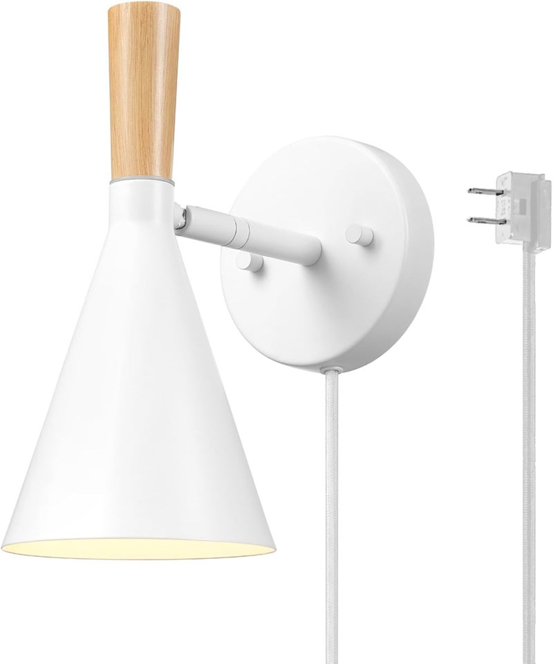 Globe Electric 65000147 1-Light Plug-in or Hardwire Wall Sconce, Matte White, Light Wood-Toned On/Off Rotary Switch on Pivoting Shade, 6ft White Braided Fabric Cord, Wall Lights for Living Room - Image 1