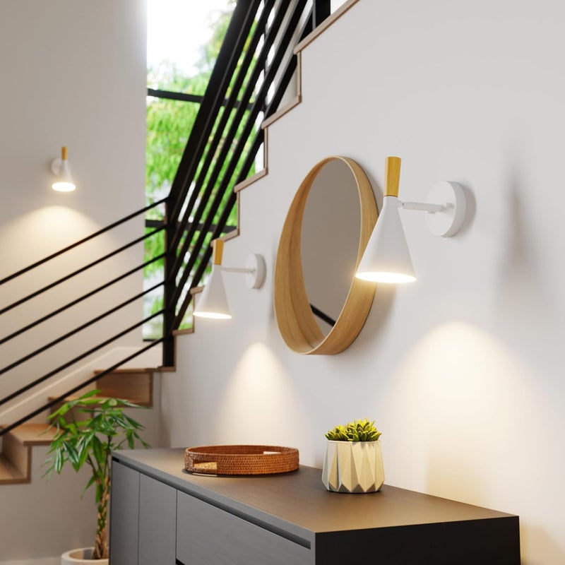 Globe Electric 65000147 1-Light Plug-in or Hardwire Wall Sconce, Matte White, Light Wood-Toned On/Off Rotary Switch on Pivoting Shade, 6ft White Braided Fabric Cord, Wall Lights for Living Room - Image 3