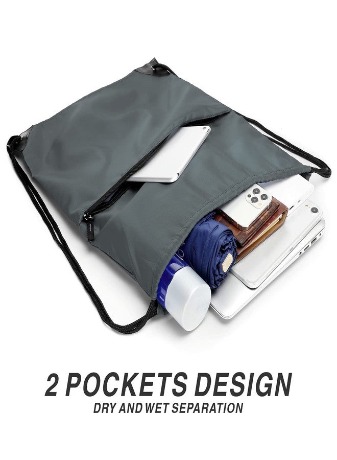 BuyAgain Drawstring Backpack Sports Water Resistant String Bag Sport Gym Sackpack for Women Men Large with Zipper, Grey - Image 4