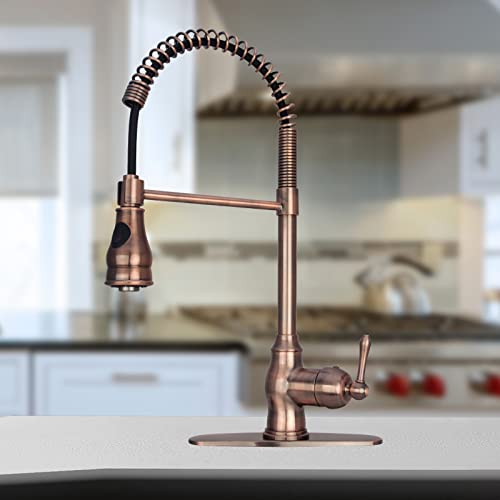 Akicon Antique Copper Pre-Rinse Spring Kitchen Faucet, Single Level Solid Brass Kitchen Sink Faucets with Pull Down Sprayer - Image 1