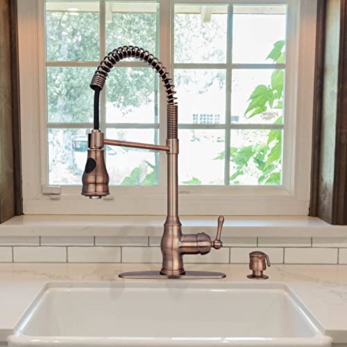 Akicon Antique Copper Pre-Rinse Spring Kitchen Faucet, Single Level Solid Brass Kitchen Sink Faucets with Pull Down Sprayer - Image 3