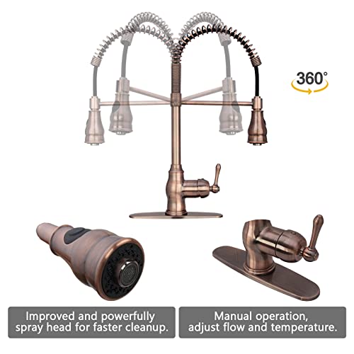 Akicon Antique Copper Pre-Rinse Spring Kitchen Faucet, Single Level Solid Brass Kitchen Sink Faucets with Pull Down Sprayer - Image 5