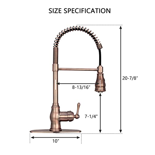 Akicon Antique Copper Pre-Rinse Spring Kitchen Faucet, Single Level Solid Brass Kitchen Sink Faucets with Pull Down Sprayer - Image 4