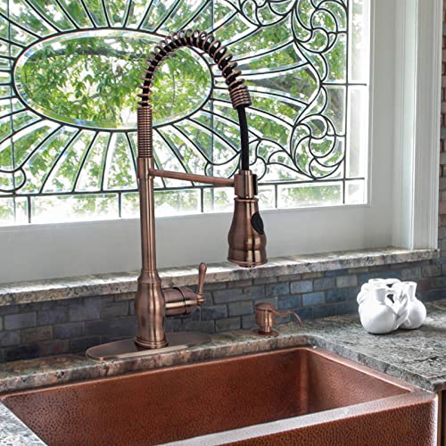 Akicon Antique Copper Pre-Rinse Spring Kitchen Faucet, Single Level Solid Brass Kitchen Sink Faucets with Pull Down Sprayer - Image 2
