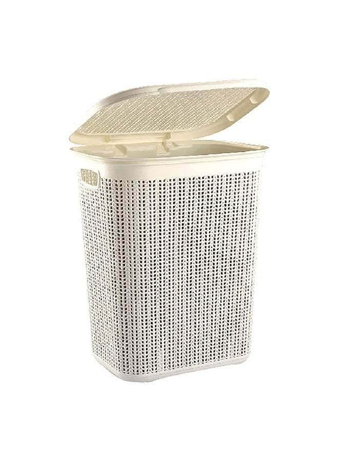 Knit Design Plastic Laundry Basket with Lid and Handle Ivory 50 L M-079 IW