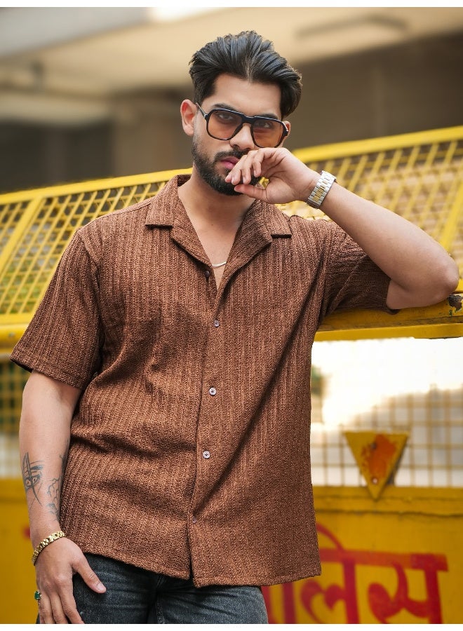 Maniac Maniac Mens Textured Half Sleeve Cotton Brown Cotton Shirt  - Image 2
