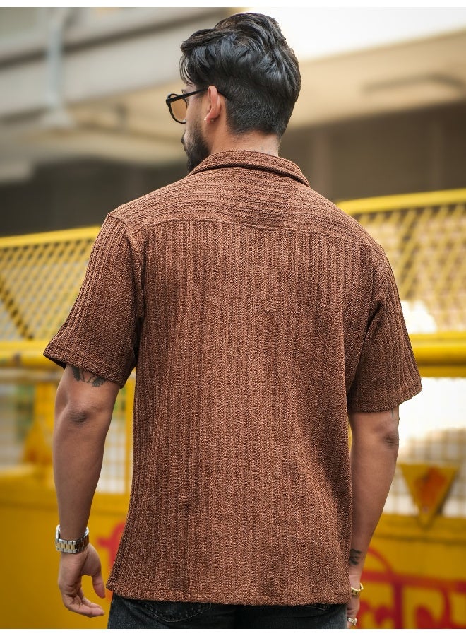 Maniac Maniac Mens Textured Half Sleeve Cotton Brown Cotton Shirt  - Image 4