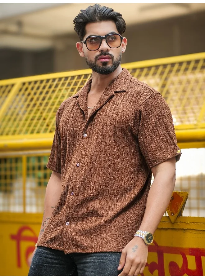 Maniac Maniac Mens Textured Half Sleeve Cotton Brown Cotton Shirt