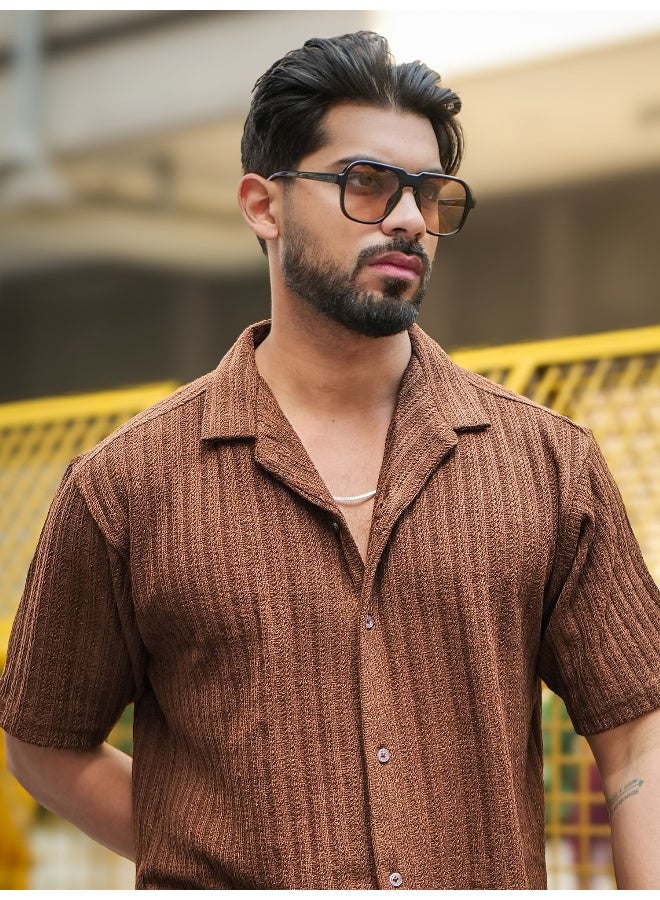 Maniac Maniac Mens Textured Half Sleeve Cotton Brown Cotton Shirt  - Image 1