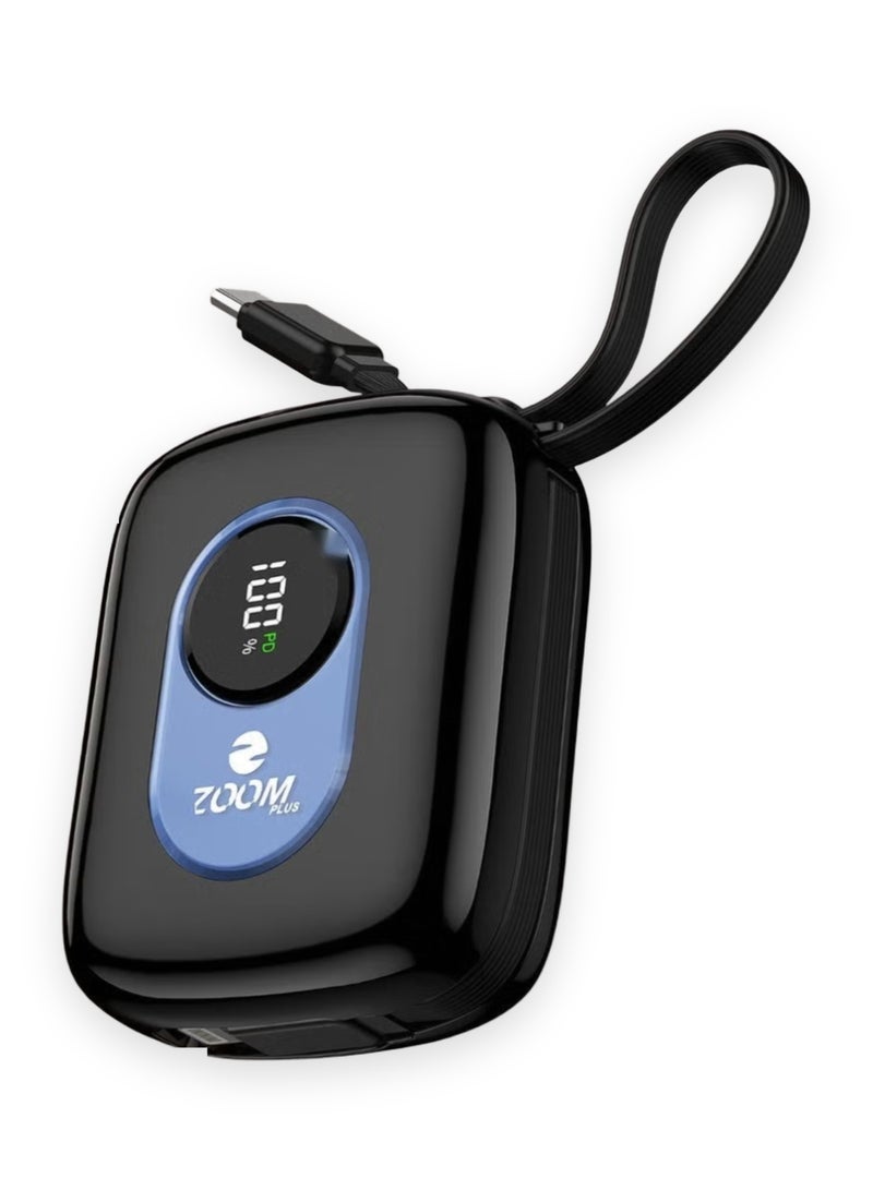 Zoom Plus Classy 10000mAh Mini Power Bank, 22.5W Fast Charging Pocket-Size Portable Charger with Built-in USB-C Cable, Digital Display and Lanyard, Compact Battery Pack for iPhone, Samsung and Android (ZP100, Black) - Image 1
