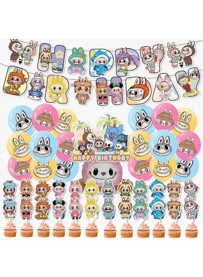 Party Labubu themed birthday party decorations, Labubu birthday scene setup, banners, balloons, cakes, and flag sets. - Image 1