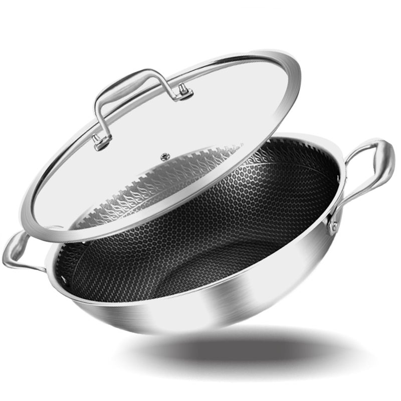 DELARLO Stainless Steel 13 Inch Wok with Lid  TriPly Nonstick Wok  StirFry Pan 55QT Deep Frying Pan Induction Compatible