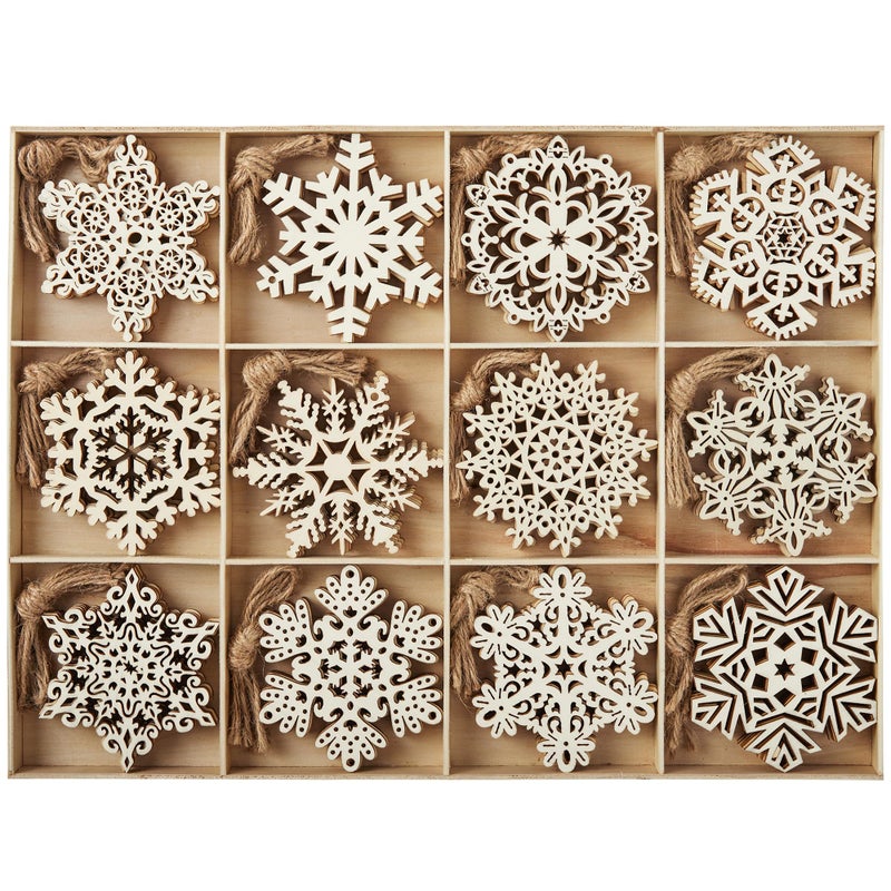 JOIEDOMI 36 Pcs Christmas Unfinished Wooden Ornaments Hanging Snowflakes Ornaments Blank Wood Slice for IndoorOutdoor Xmas Party Decoration Tree Decor Events