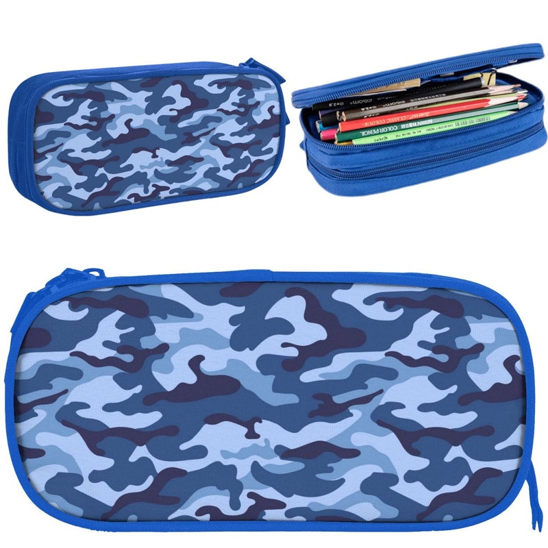 OWCRNEF Adult Blue Camo Pencil Case Box Large Capacity College Pencil Bag Pouch Marker Organizer with 2 Compartments Durable Zipper