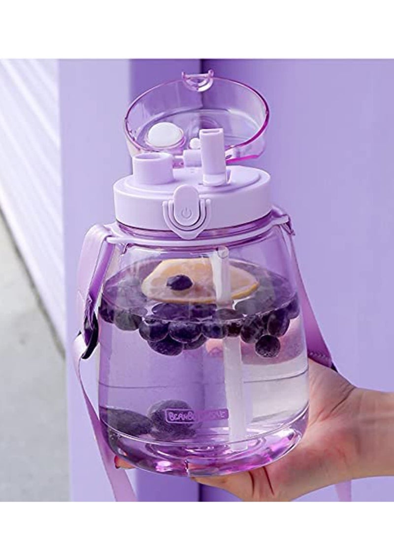 Zikra زجاجات ماء مع قشة حاملة بلاستيكية بنفسجية محمولة مربعة كبيرة كاواي للبنات لأكواب العصير والشاي - Image 1