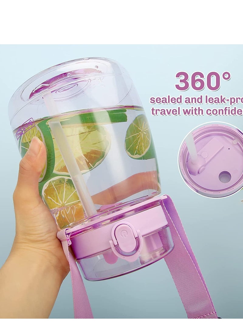 Zikra زجاجات ماء مع قشة حاملة بلاستيكية بنفسجية محمولة مربعة كبيرة كاواي للبنات لأكواب العصير والشاي - Image 3