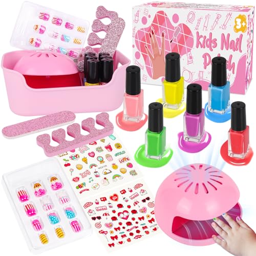 EULRGAUS Kids Nail Polish Set for Girls 14PCS Nail Art Kit with Nail Dryer Non Toxic Nail Polish kit and Fake Nails for Kids Girl Toys Age 68 Halloween Christmas Birthday Gifts for Girls 812 - Image 1