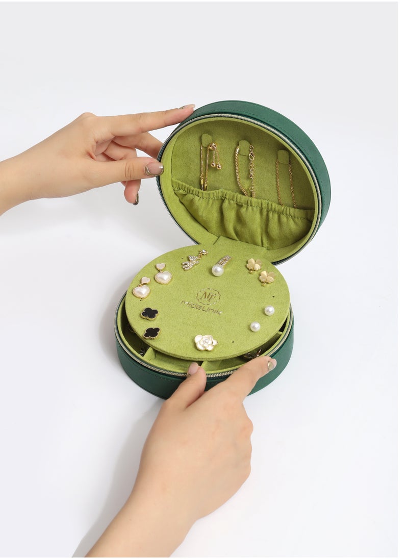l'elefante L’elefante Round Travel Jewelry Organizer Box with Mirror – Multi-Compartment Storage for Rings, Earrings, Necklaces – Compact Zippered Case for Women & Girls  - Image 2