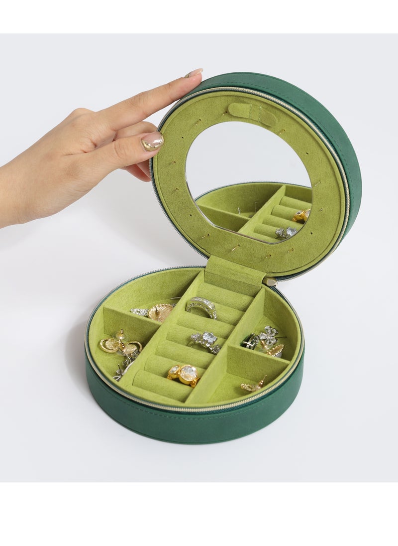 l'elefante L’elefante Round Travel Jewelry Organizer Box with Mirror – Multi-Compartment Storage for Rings, Earrings, Necklaces – Compact Zippered Case for Women & Girls  - Image 5