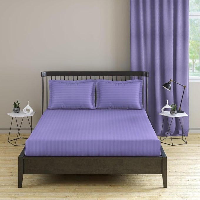BASIC 1CM SATIN STRIPE PURE COTTON 210TC 3PC BEDDING SET QUEEN LUXE SIZE 275X250 CM LAVENDER 1 BED SHEET 2 PILLOW COVERS