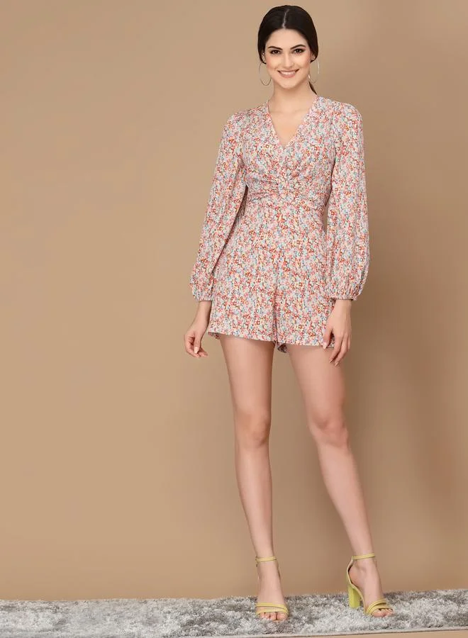 Kassually Kassually Print V-Neck Balloon Sleeve Playsuit