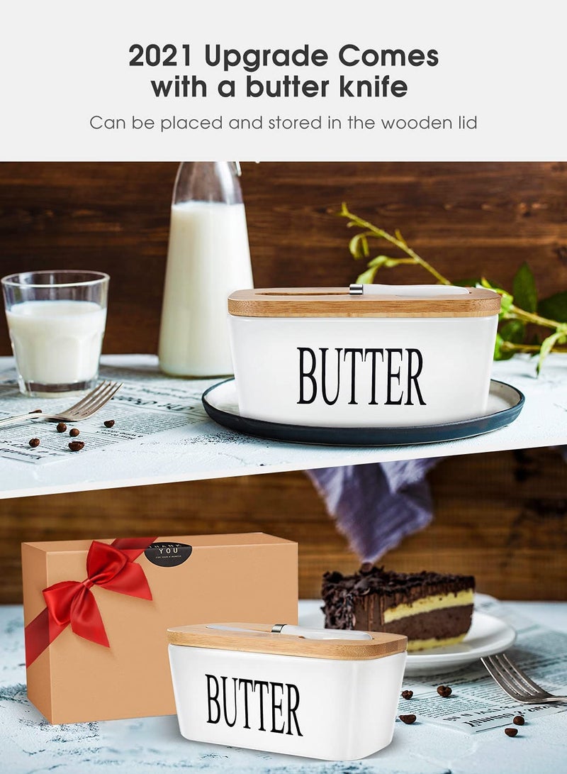 COLBEX® Ceramic Butter Dish with Wooden Lid, Large Butter Container Keeper Storage Plate with Steal Butter Knife, Bamboo Cover and Silicone Sealing Ring (White) - Image 2