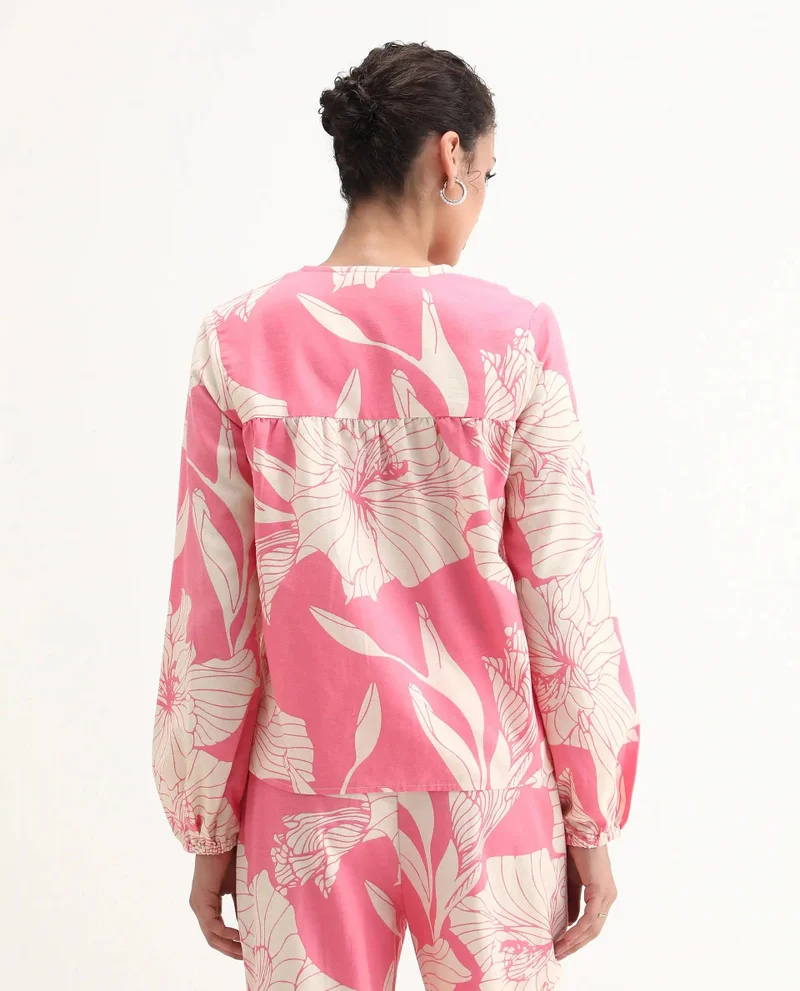 Rareism Women's Floral Print V-Neck Top