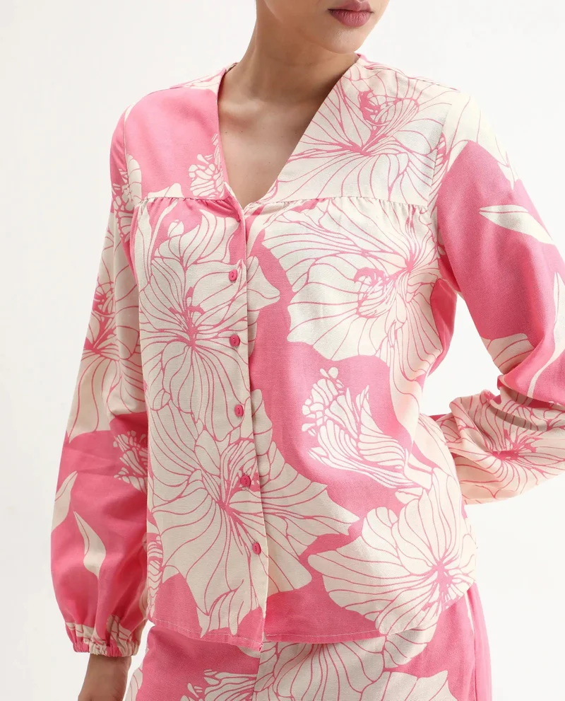Rareism Women's Floral Print V-Neck Top