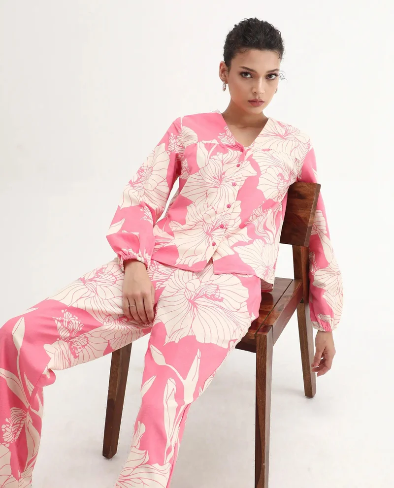 Rareism Women's Floral Print V-Neck Top