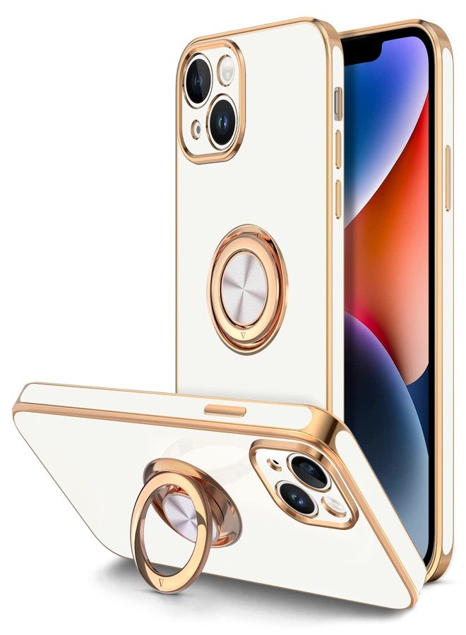 Hython for iPhone 14 Plus Case with Ring Stand [360° Rotatable Ring Holder Magnetic Kickstand] [Support Car Mount] Plated Gold Edge Soft TPU Luxury Shockproof Protective Phone Case Cover, White - Image 1