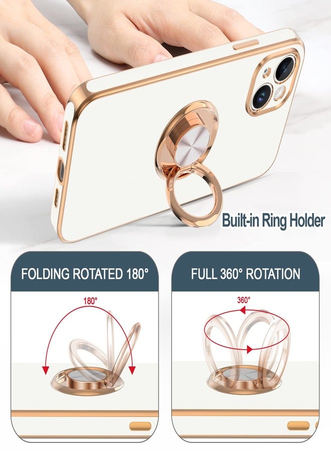 Hython for iPhone 14 Plus Case with Ring Stand [360° Rotatable Ring Holder Magnetic Kickstand] [Support Car Mount] Plated Gold Edge Soft TPU Luxury Shockproof Protective Phone Case Cover, White - Image 4